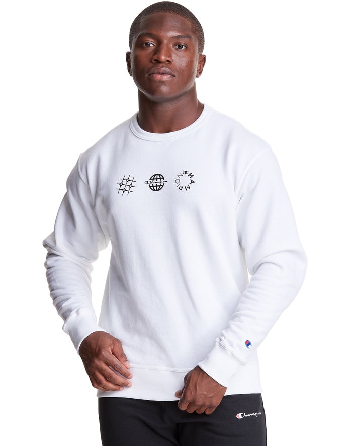 Champion Herre Sweatshirt Hvide - Powerblend Fleece Crew Multi-Logos - Danmark LRH-210496